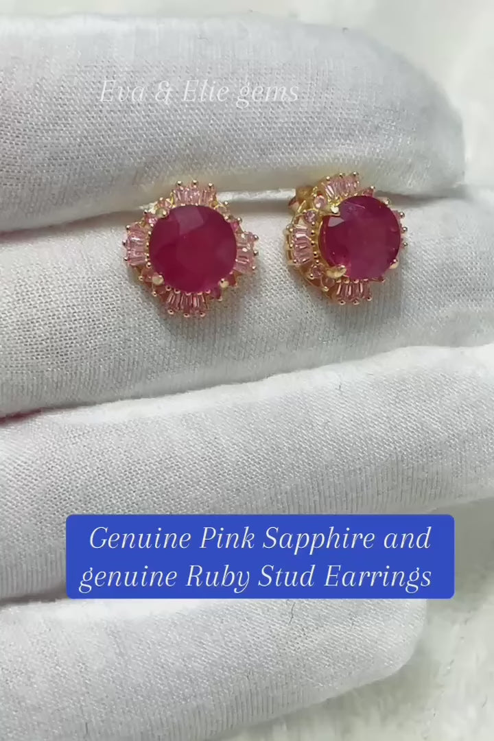 Genuine pink ruby stud earrings with a sparkling halo of pink sapphires.