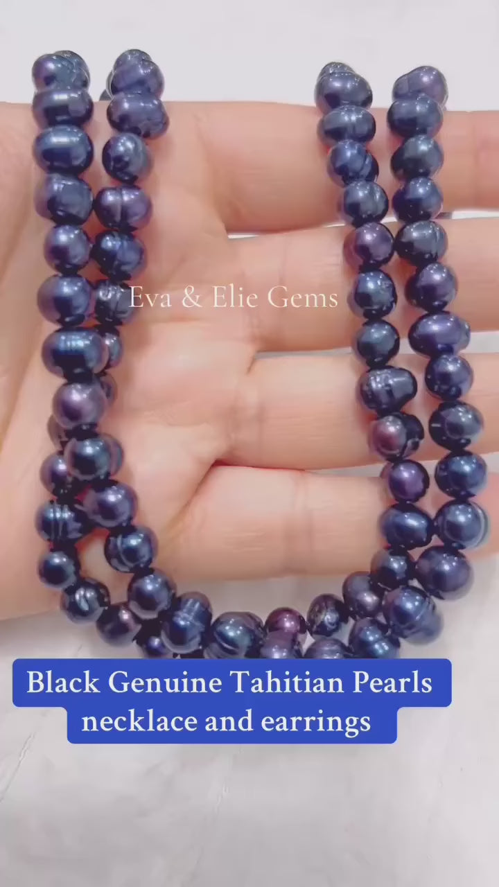 Genuine Tahitian black pearl necklace and stud earrings set.