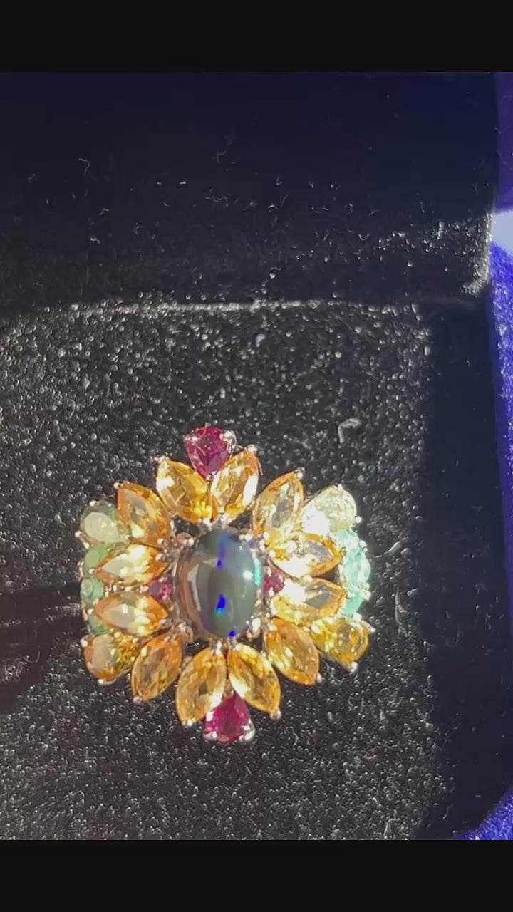 Handmade genuine Ethiopian Black Opal Rainbow Halo Statement Ring