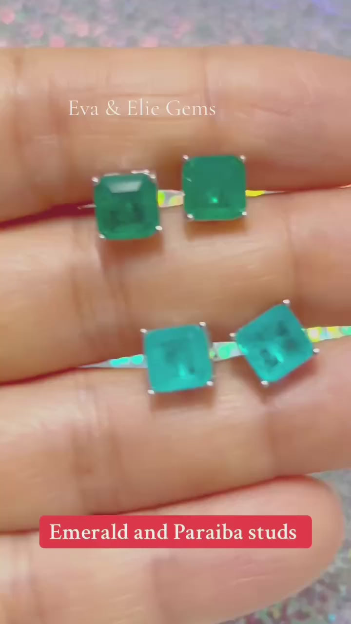 Dainty genuine emerald & Paraiba tourmaline stud earrings in sterling silver.