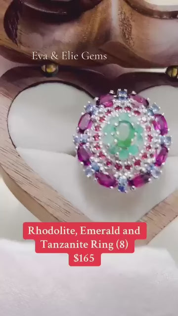 Stunning ring featuring natural emerald, rhodolite, and tanzanite in a unique, vibrant design.