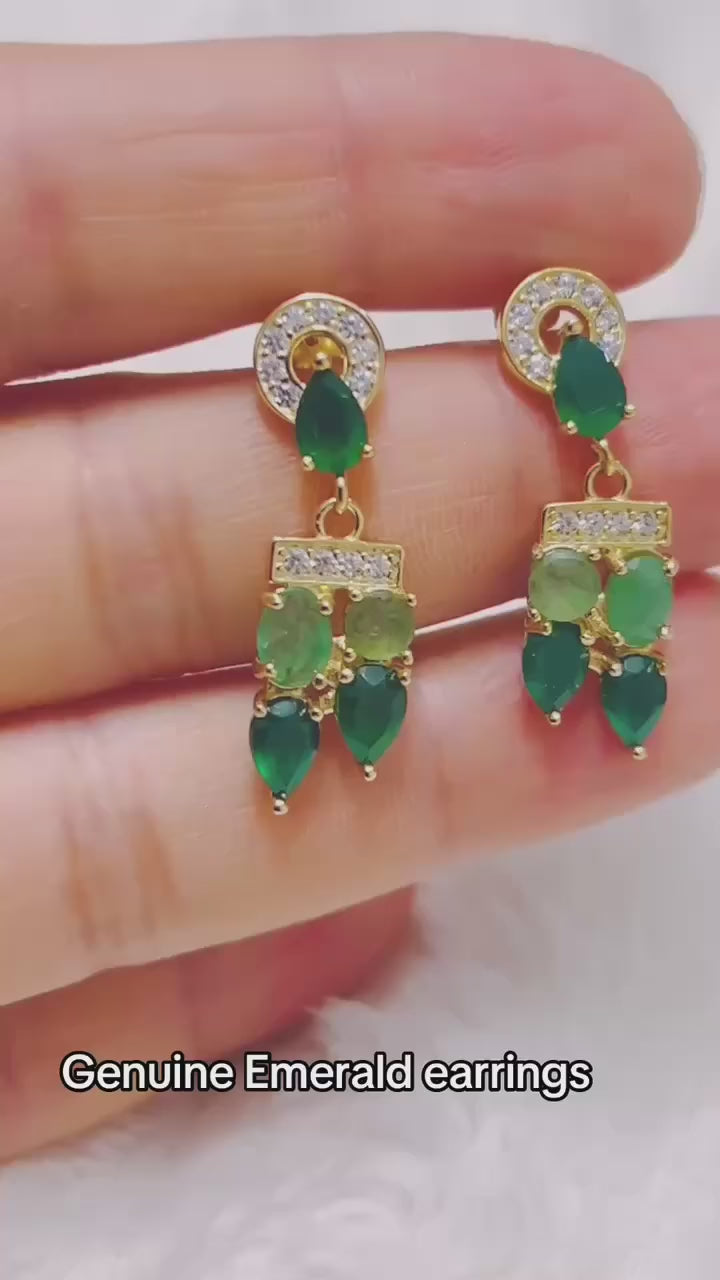 Beautiful natural Colombian emerald dangle earrings, elegant cluster design.