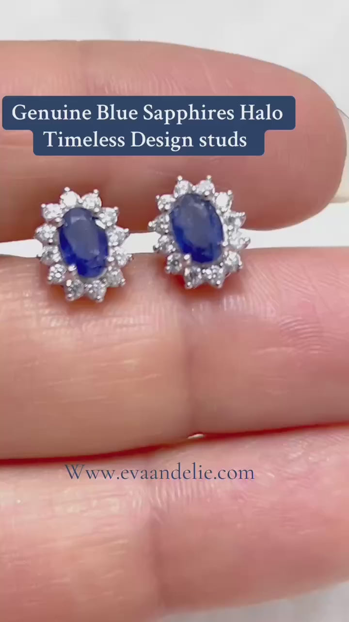 Genuine blue sapphires halo stud earrings, timeless design.