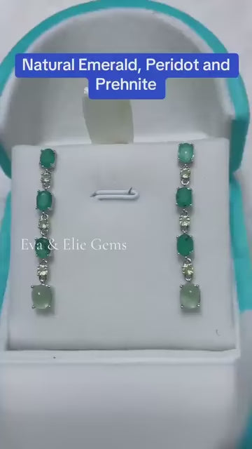 Sterling silver dangle earrings with a beautiful cascade of natural emerald, peridot, and prehnite stones.