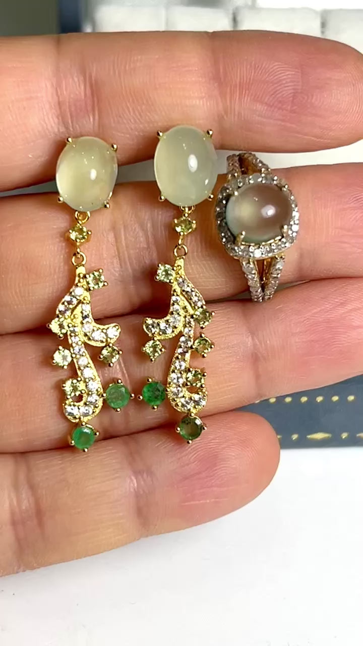 Handmade Prehnite and Natural Diamond & Emerald Ring and Earrings Set