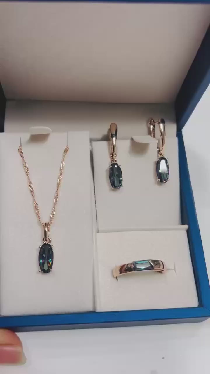 14k 585 RG stamped mystic topaz necklace, earrings, and ring set.