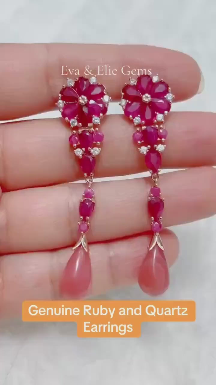 Beautiful Ruby & Prehnite dangle earrings from Eva & Elie Gems. Elegant pink drop design.