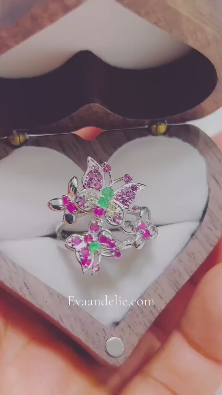 Evaandelie's natural Ruby & Emerald butterfly ring. Unique and delicate gemstone piece.