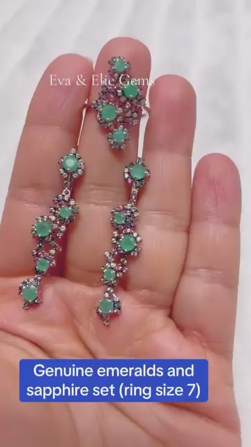 Genuine Colombian emerald & colored sapphire jewelry set with dangle earrings & ring.