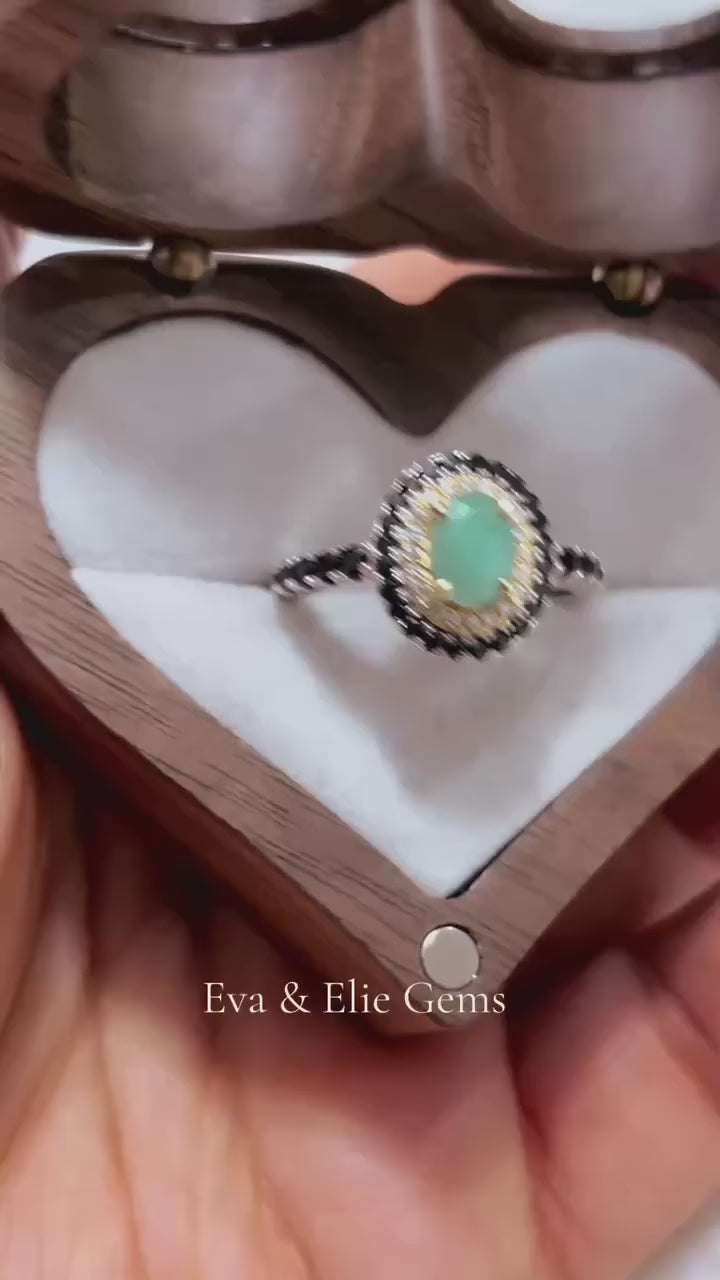 Genuine sterling silver emerald & spinel ring with two-toned gold & silver accents.