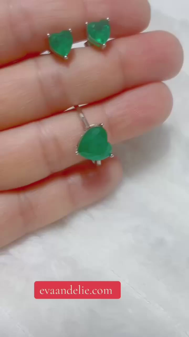Dainty sterling silver set with genuine heart-shaped Zambian emerald earrings and ring