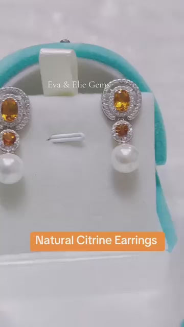  Elegant natural citrine and pearl drop earrings in sterling silver.