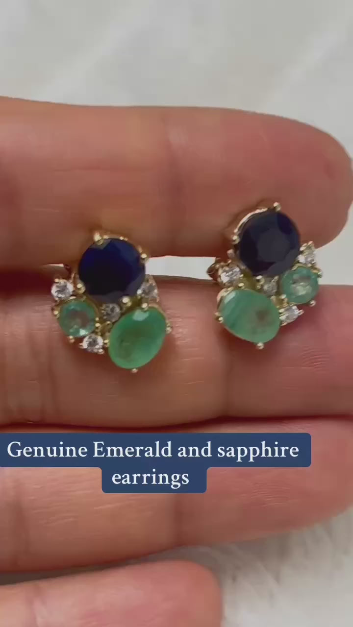 Beautiful genuine emerald and sapphire cluster earrings.