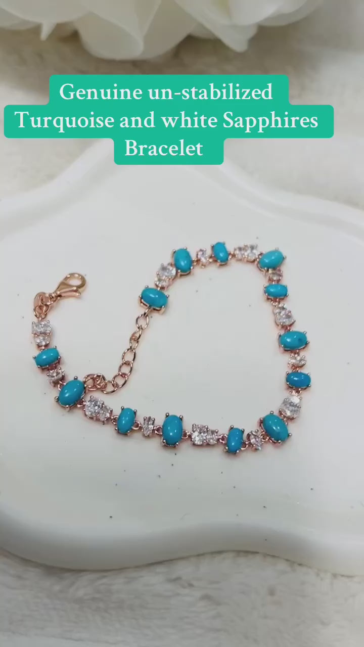 Handmade Blue Turquoise & White Zircon Bracelet 7.5 In