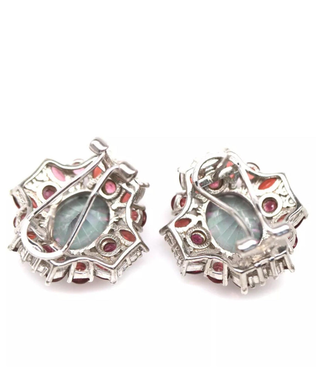 Close-up of the back of rainbow quartz and garnet omega-back earrings, showing the secure closure mechanism.