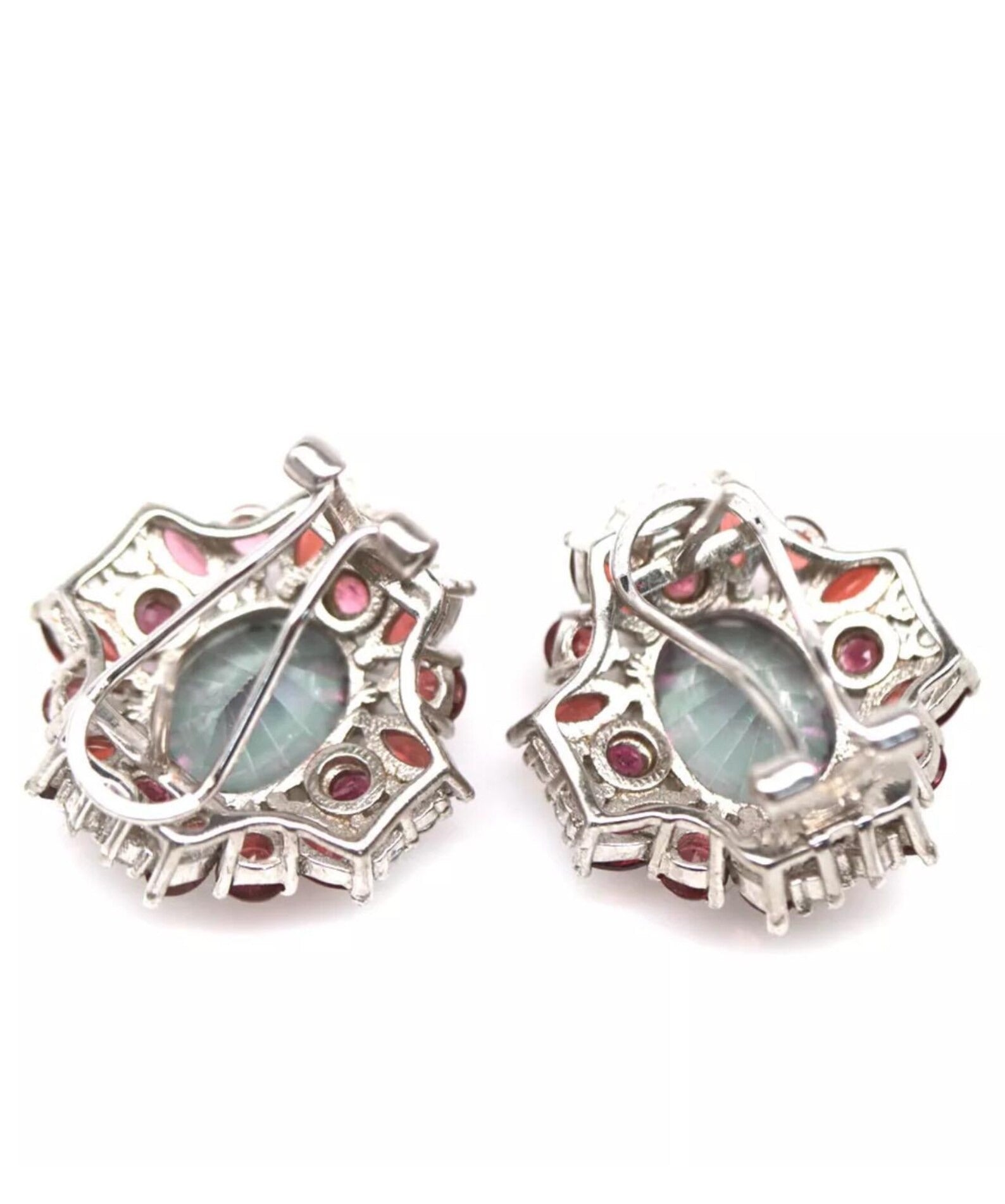 Close-up of the back of rainbow quartz and garnet omega-back earrings, showing the secure closure mechanism.