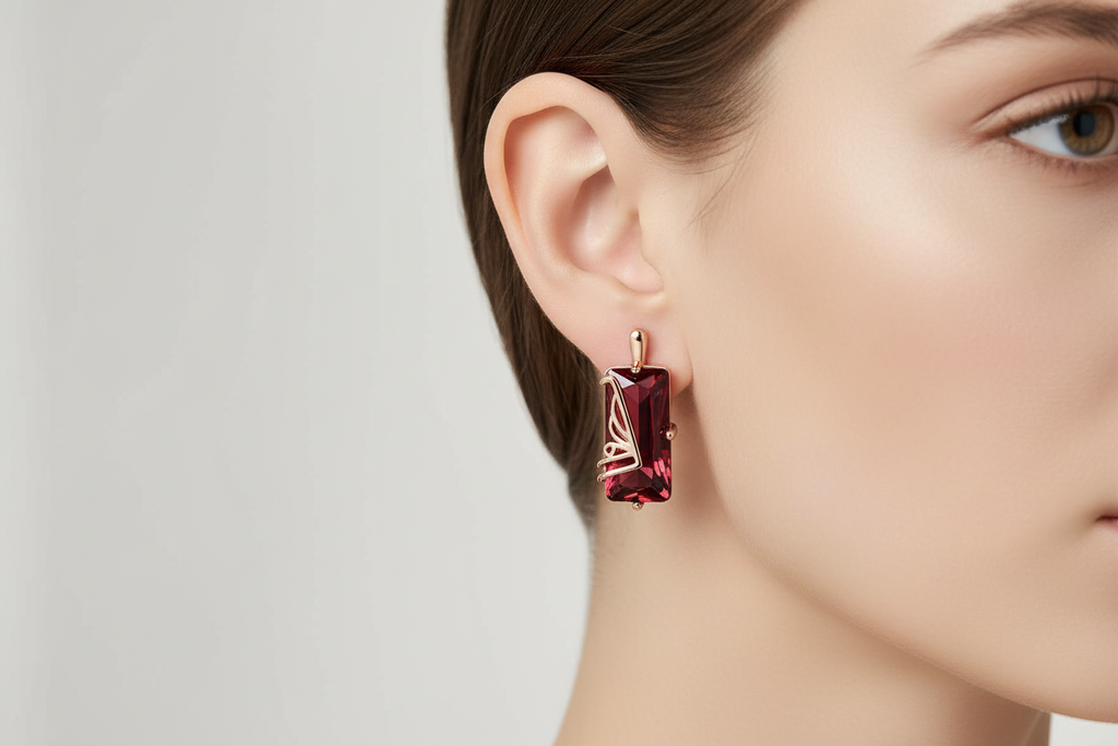 Red Garnet Earring on Model Ear