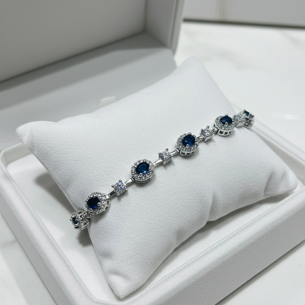 Handmade Dainty Natural Sapphire Bracelet with Halo of White Sapphires