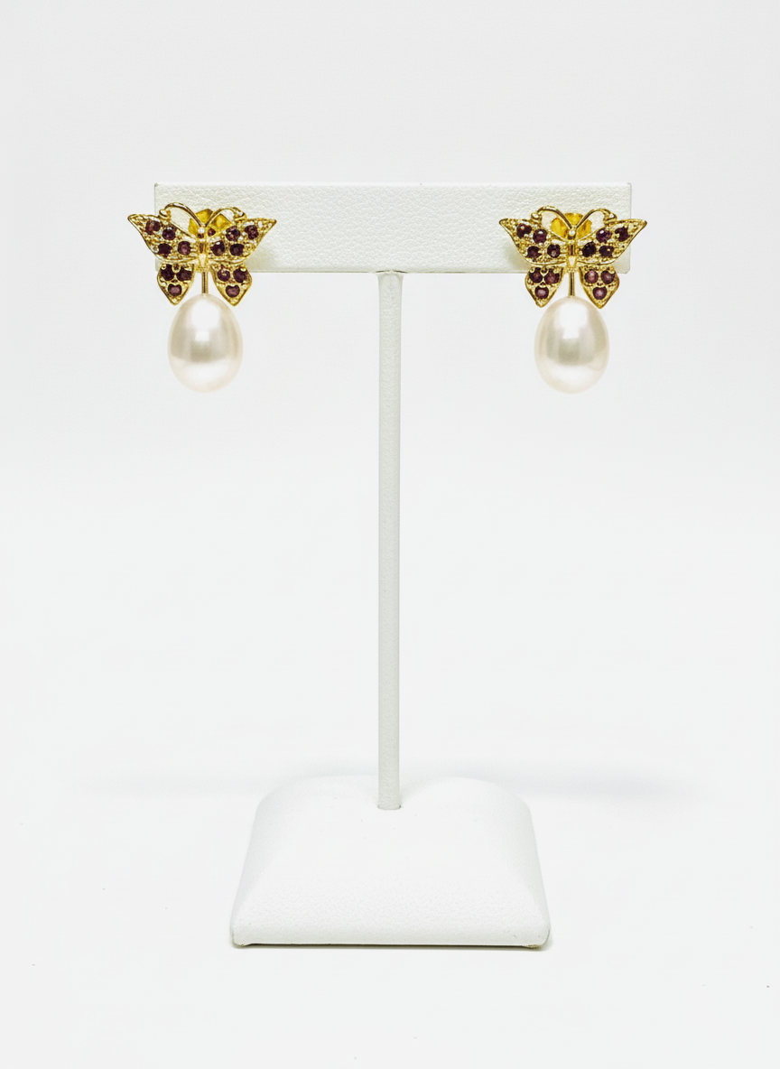 Pink Pearl & Rhodolite Garnet Butterfly Earrings in Gold Vermeil