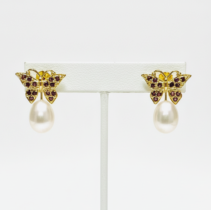 Pink Pearl & Rhodolite Garnet Butterfly Earrings in Gold Vermeil