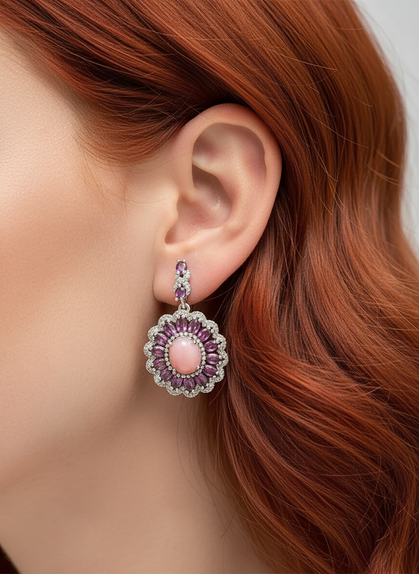 Rhodolite & Pink Opal Earrings in Rhodium-Plated Silver