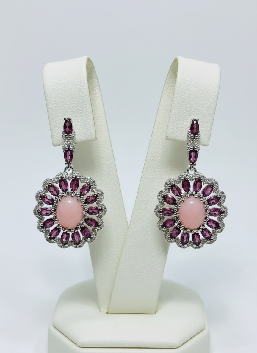 Rhodolite & Pink Opal Earrings in Rhodium-Plated Silver