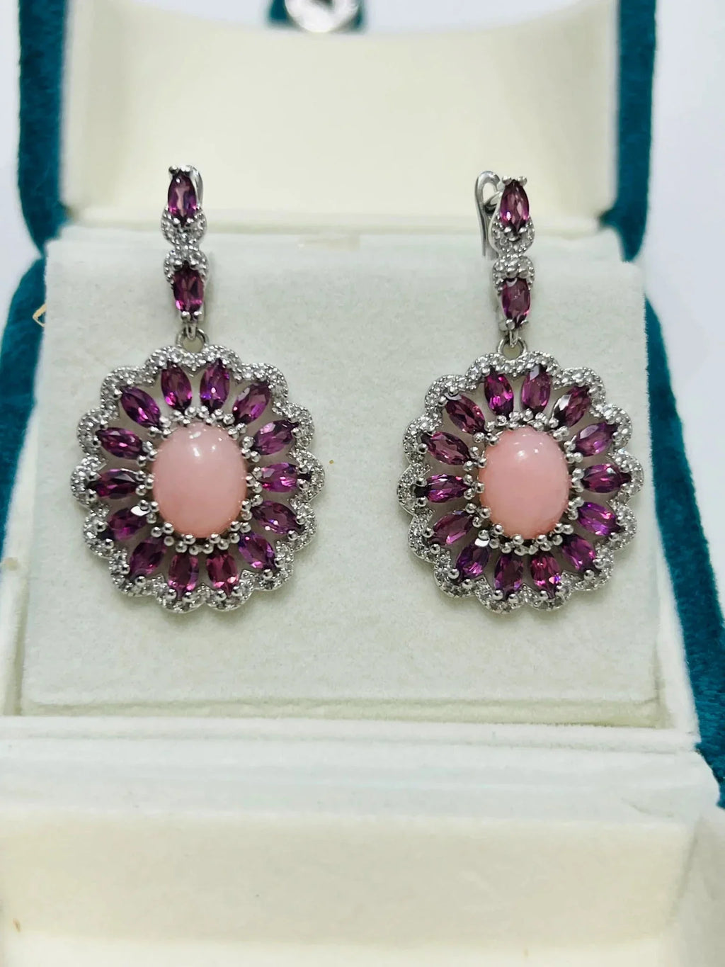 Rhodolite & Pink Opal Earrings in Rhodium - Plated Silver - Eva & Elie