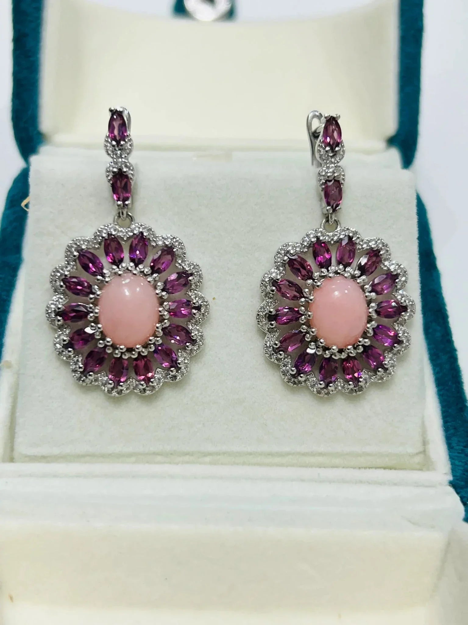 Rhodolite & Pink Opal Earrings in Rhodium - Plated Silver - Eva & Elie