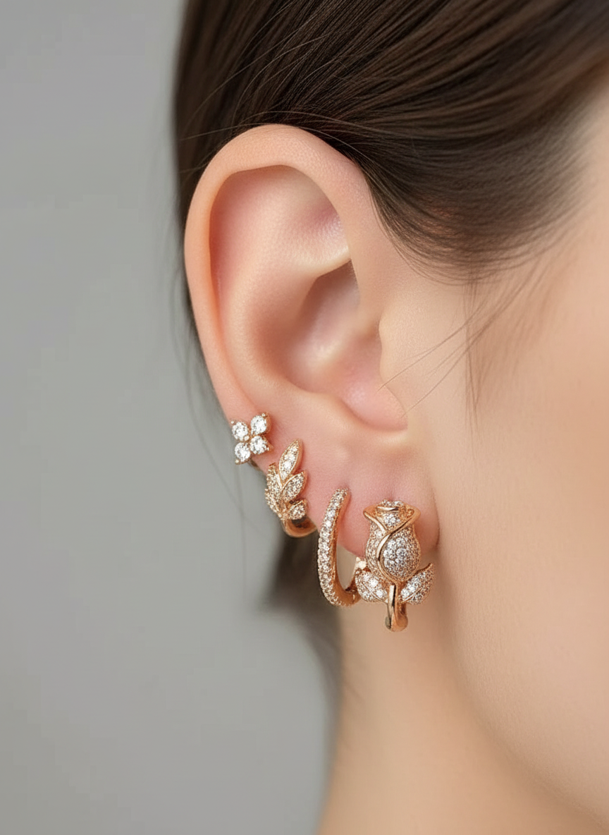 14K Rolled Gold Tulip Earrings with White Sapphires