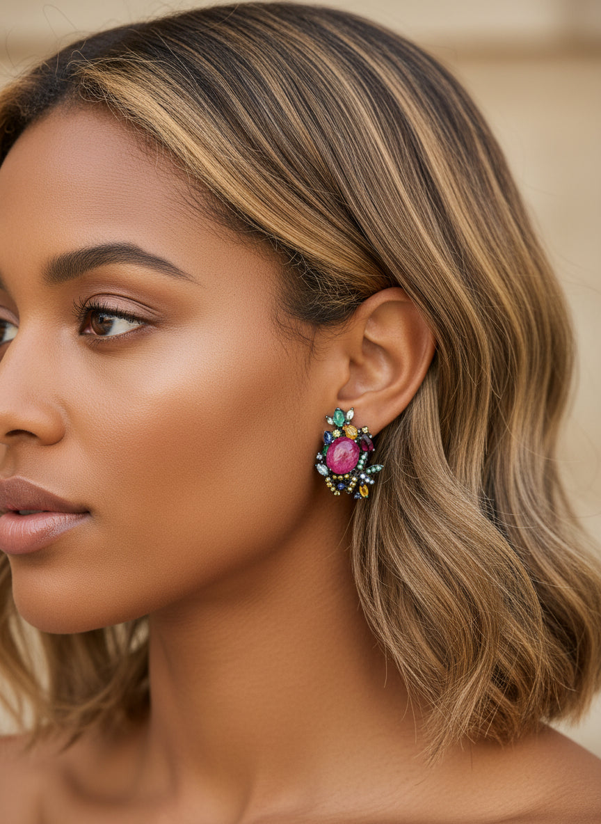 Side view of a ruby, emerald, and sapphire earring on a mannequin, highlighting the unique color combination and detail.