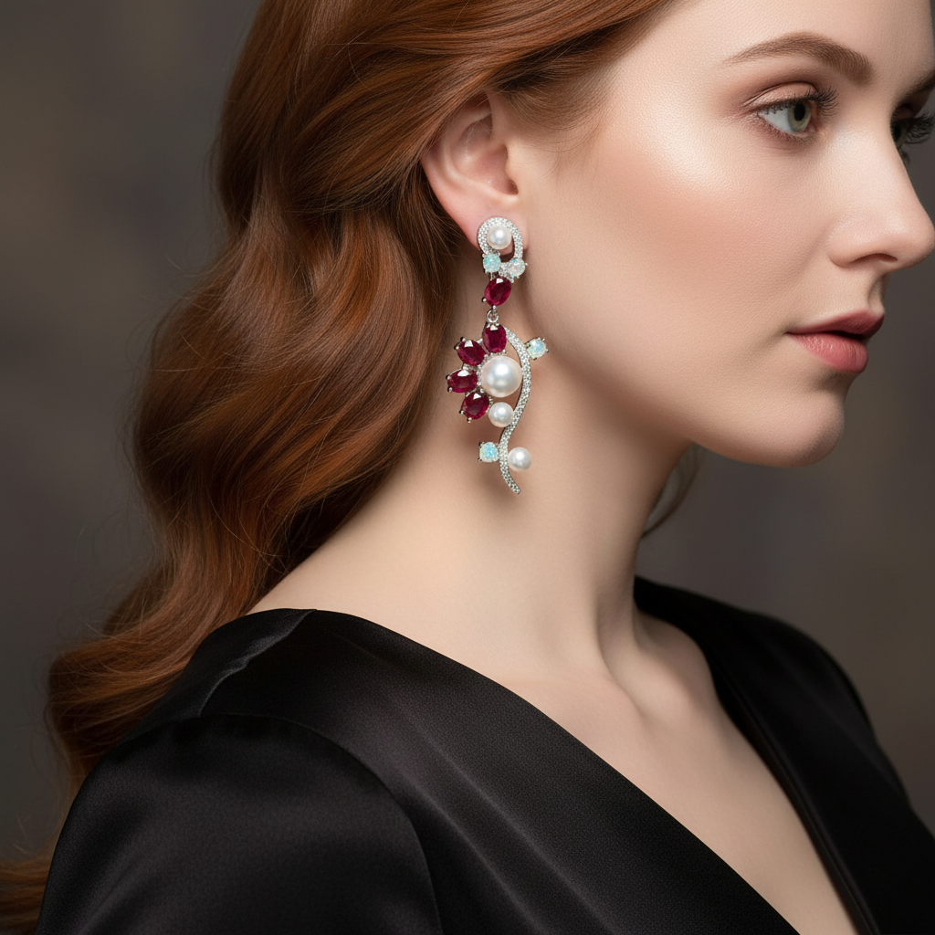 Handmade Ruby, Opal & Pearl Earrings