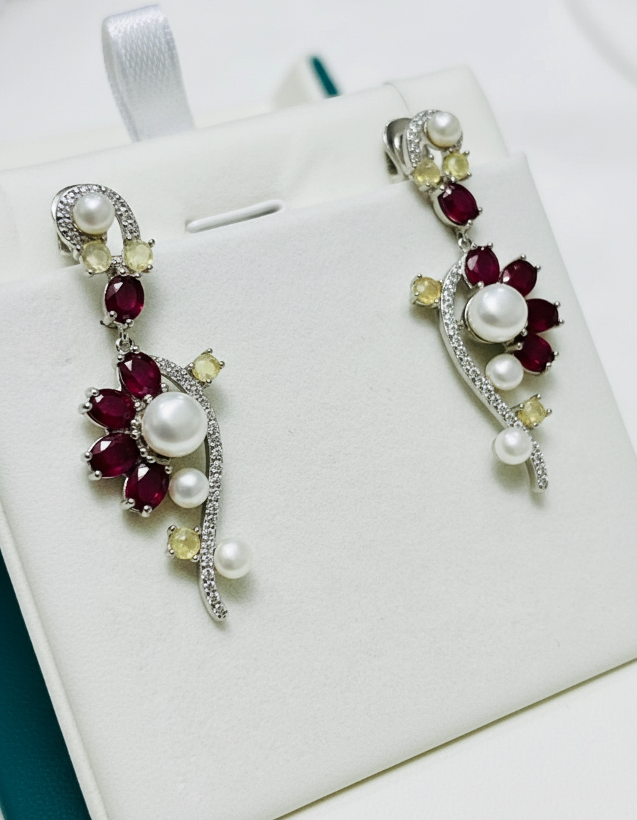 Handmade Ruby, Opal & Pearl Earrings