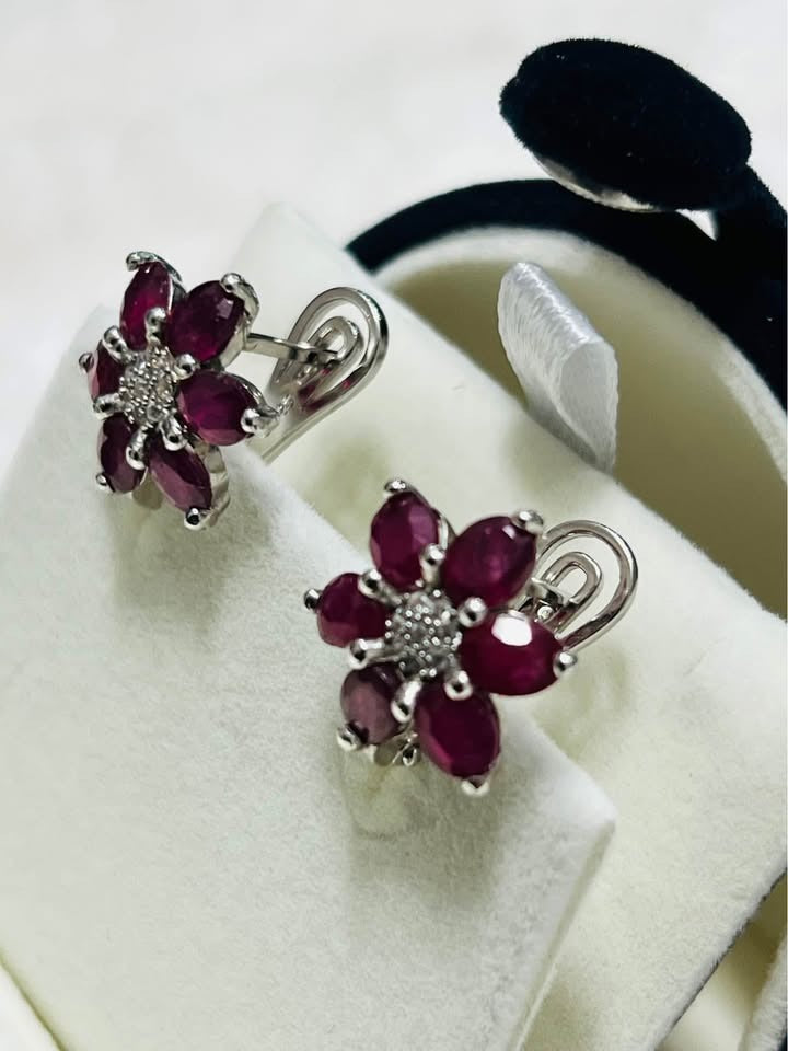  Elegant natural ruby & white sapphire flower-shaped earrings, showcasing secure clasp.