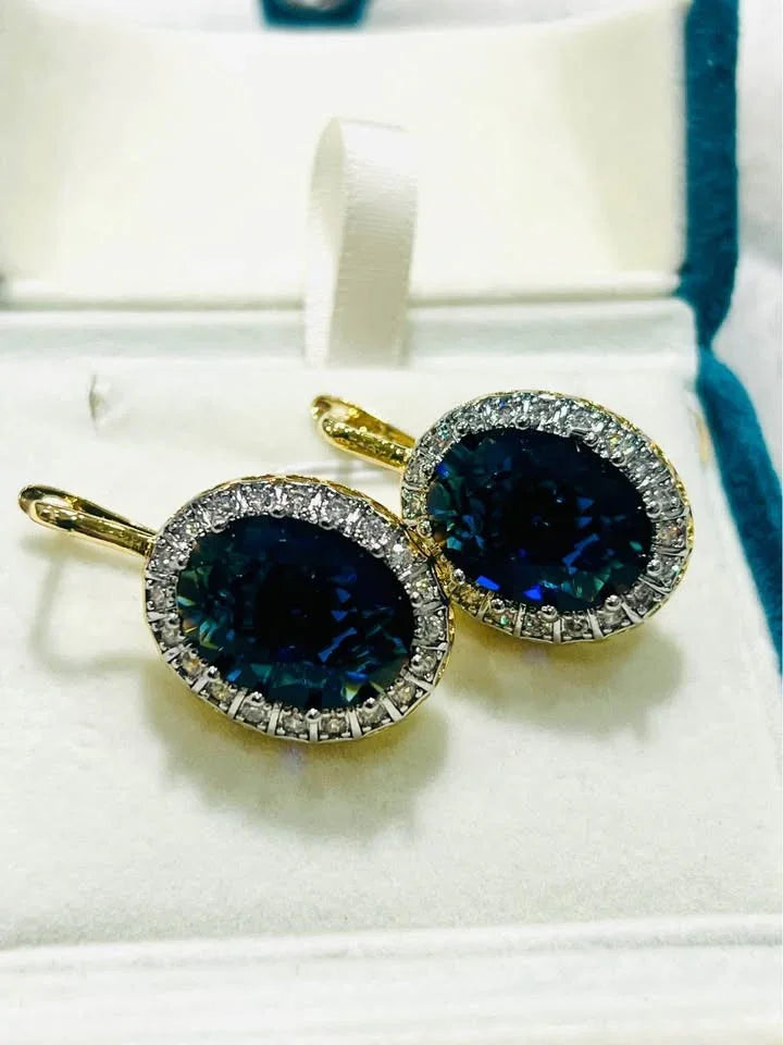 Stunning sapphire drop earrings, 18k gold vermeil with a brilliant diamond-like halo effect.