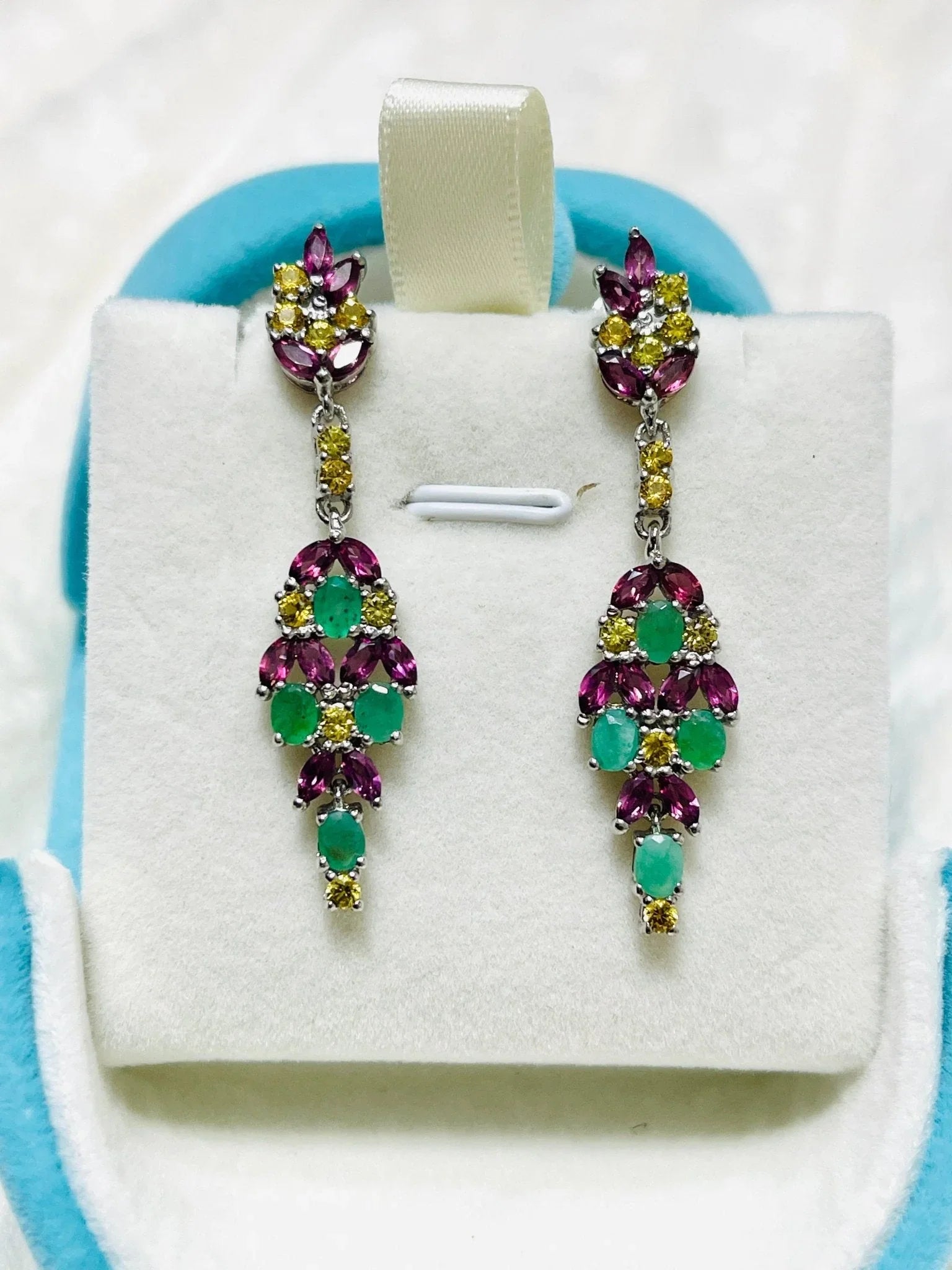 Spectacular Handmade Natural Emerald, Rhodolite Garnet and Citrine Dangle Earrings in 14k gold plated over Solid Sterling Silver - Eva & Elie