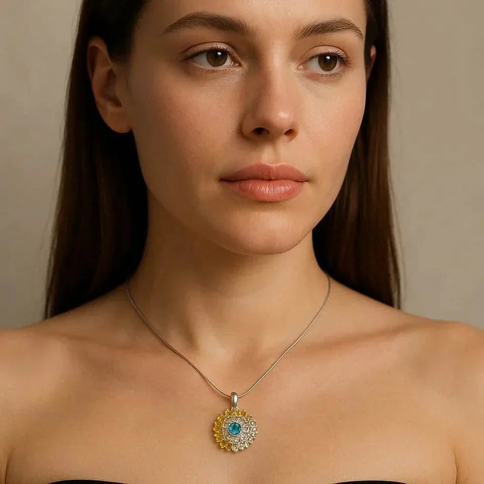 A woman modeling a natural sterling silver necklace with a pendant of agate, sapphires, and topaz gemstones.