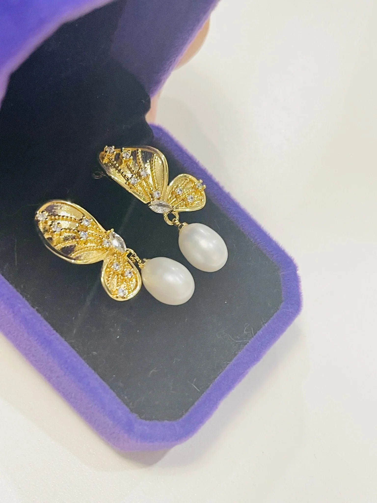 Sterling Silver Gold plated, Butterfly natural Pearl Earrings in jewelry box