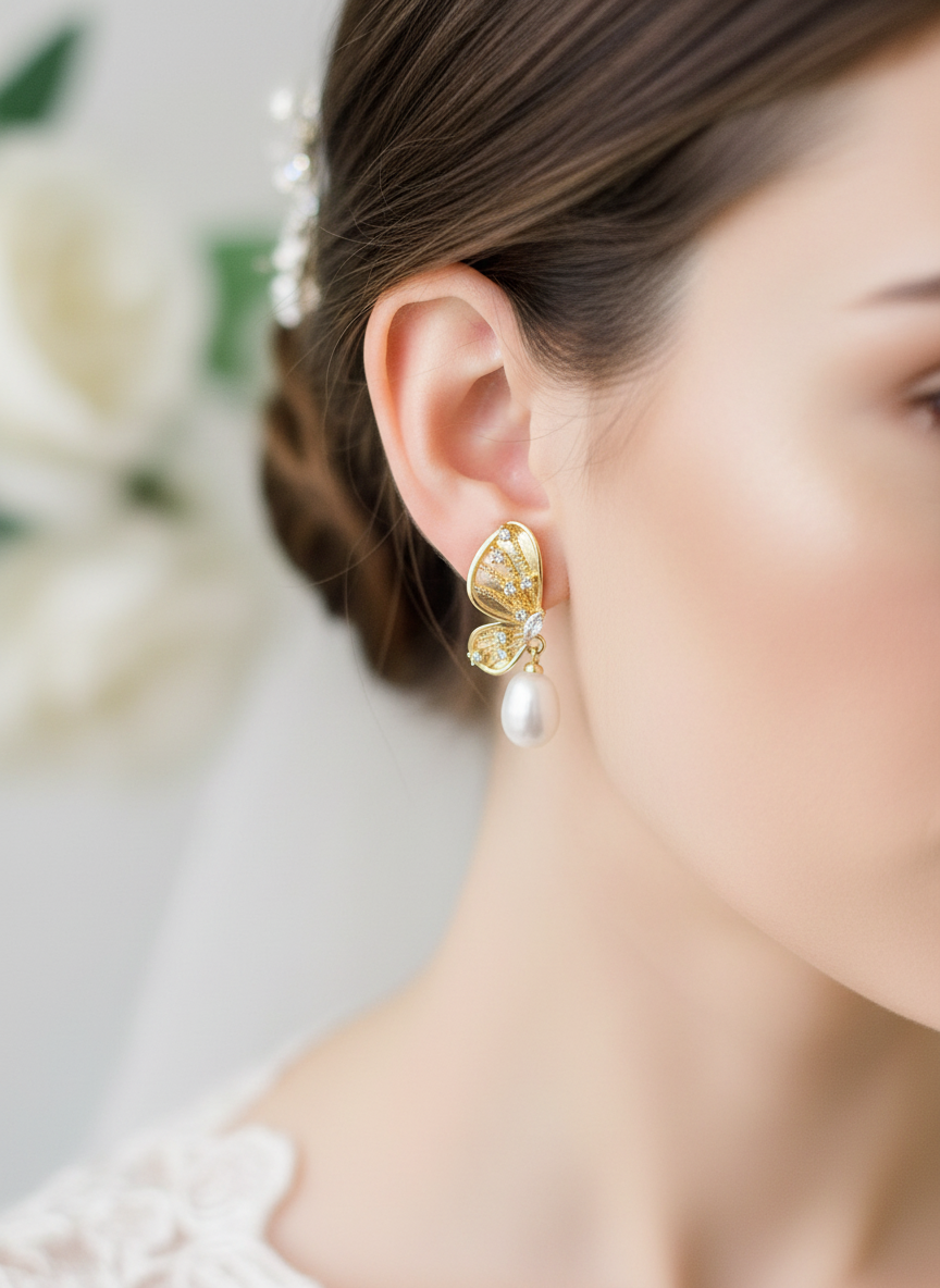 Sterling silver Bridal Butterfly natural Pearl Earrings