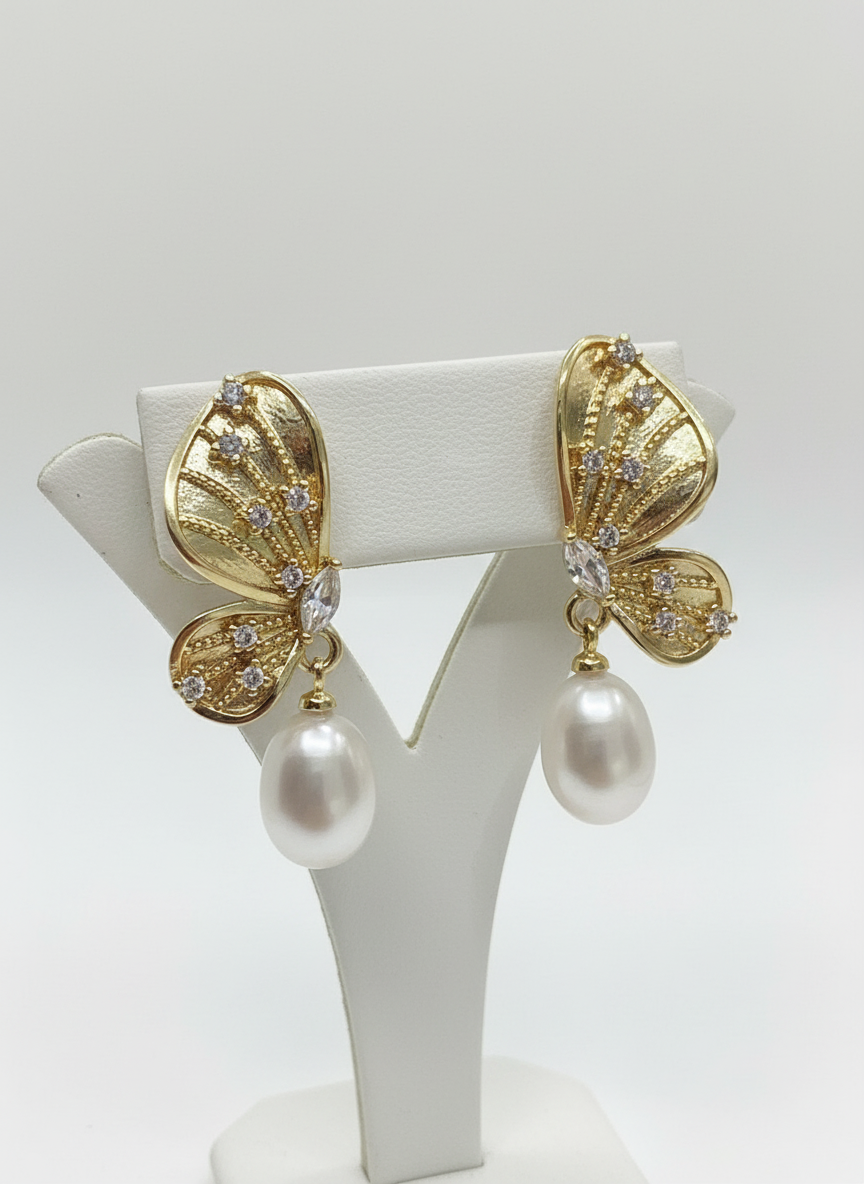 Sterling silver Bridal Butterfly natural Pearl Earrings
