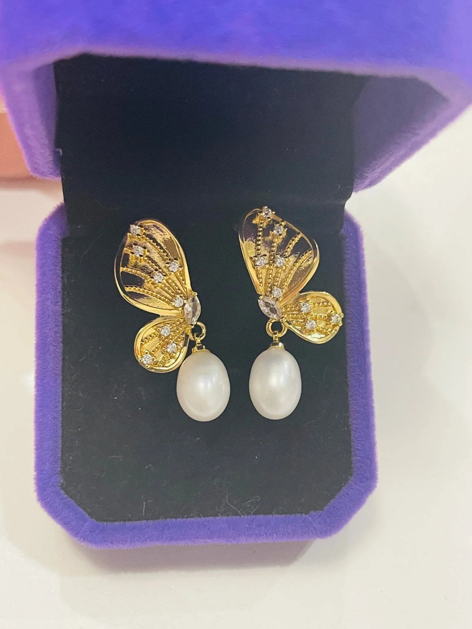 Sterling Silver Gold plated, Butterfly natural Pearl Earrings  front view