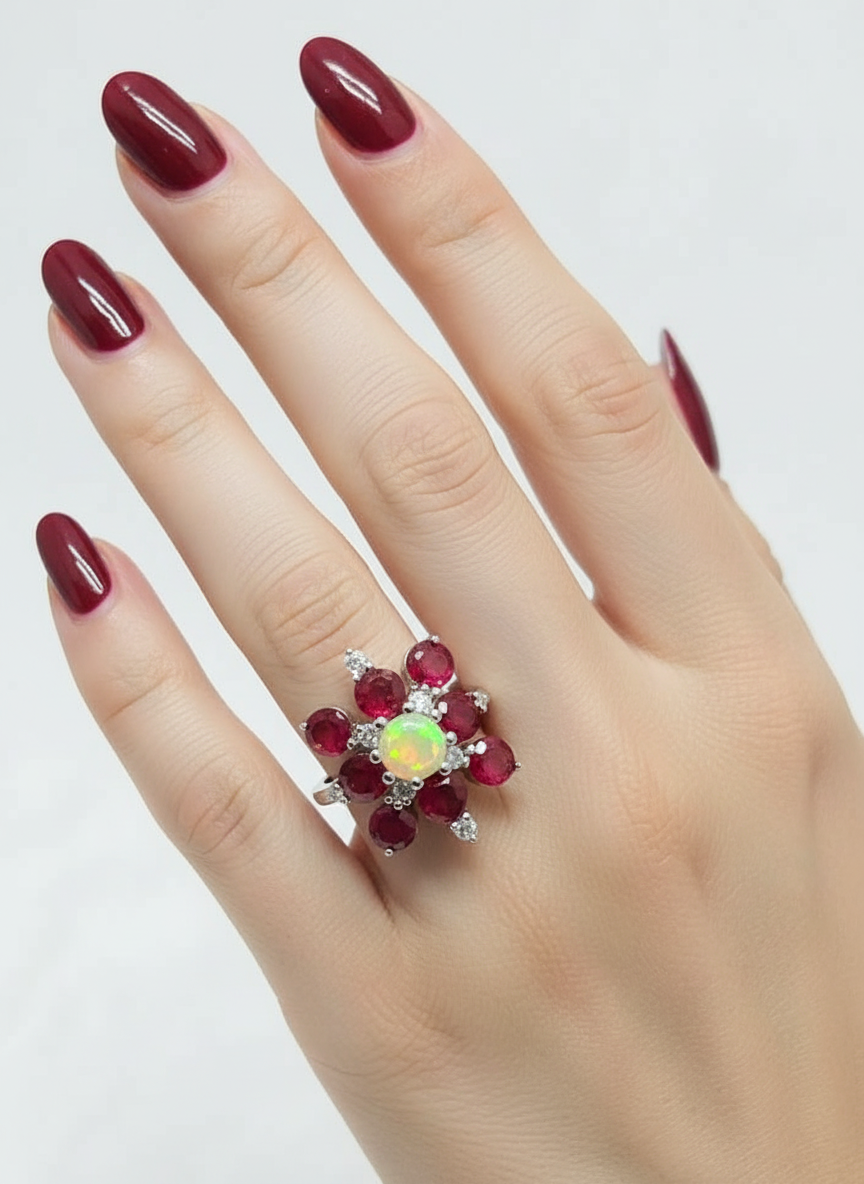 Handmade Fire Opal Ring with Burmese Rubies