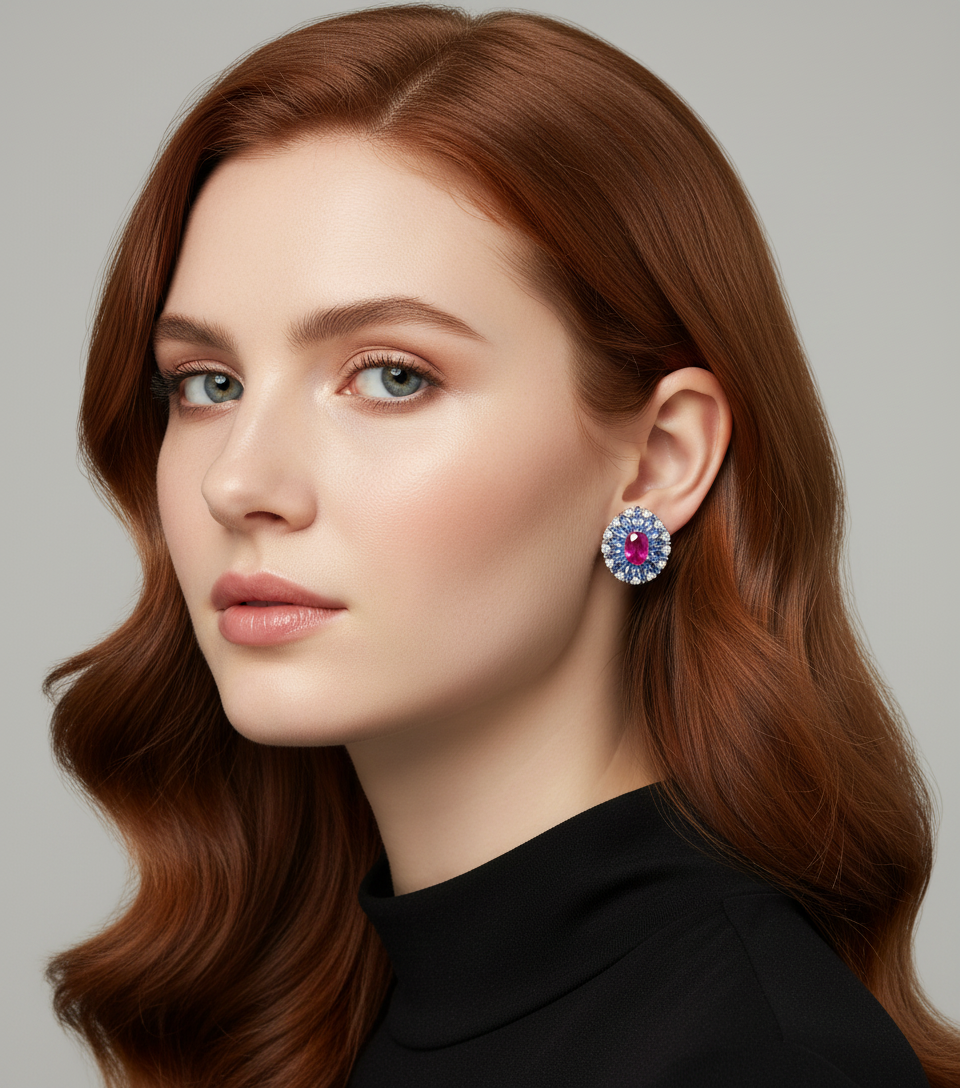 Handmade Ruby & Tanzanite Halo Silver Earrings