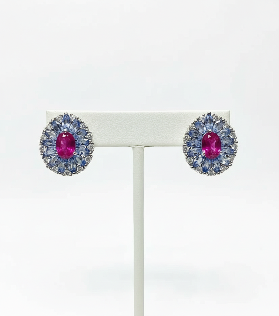 Handmade Ruby & Tanzanite Halo Silver Earrings