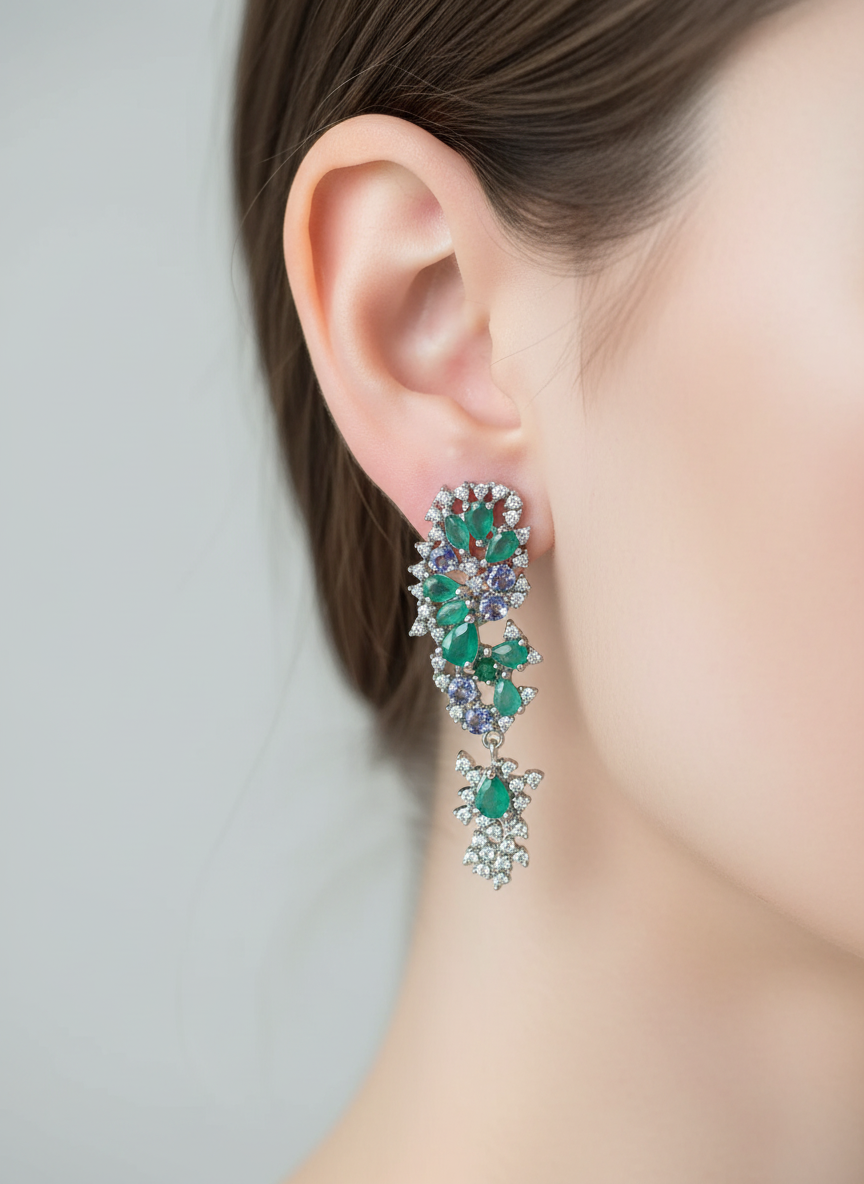 Handmade Emerald and Tanzanite Fancy Earrings- Stunning Bride