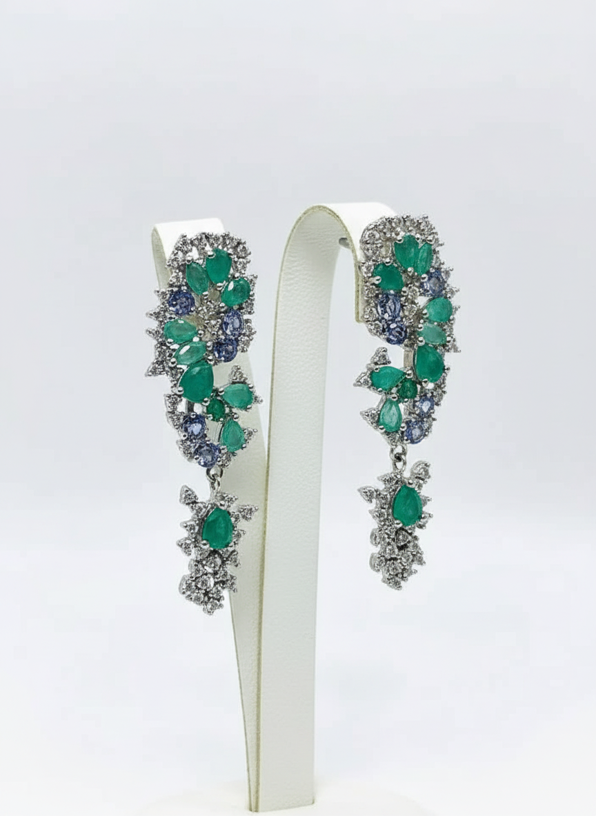 Handmade Emerald and Tanzanite Fancy Earrings- Stunning Bride