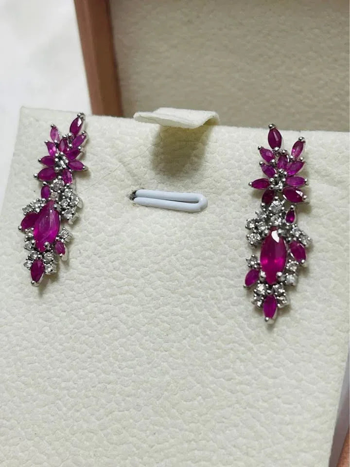  Pink ruby & diamond sterling silver earrings. Intricate detail shot. Dazzling, natural gemstones.