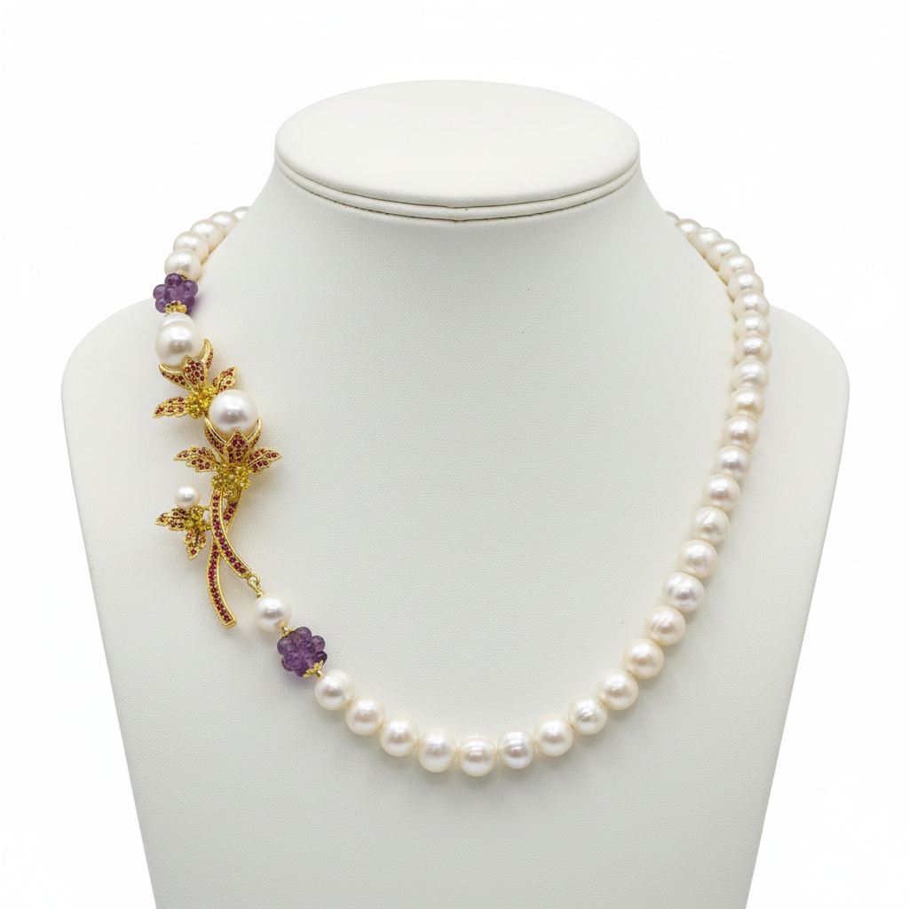 Natural South Sea Pearls, Natural Ruby, amethyst and carnelian stunning Necklace- Bridal Collection