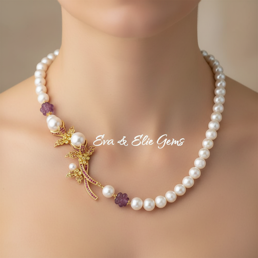 Natural South Sea Pearls, Natural Ruby, amethyst and carnelian stunning Necklace- Bridal Collection