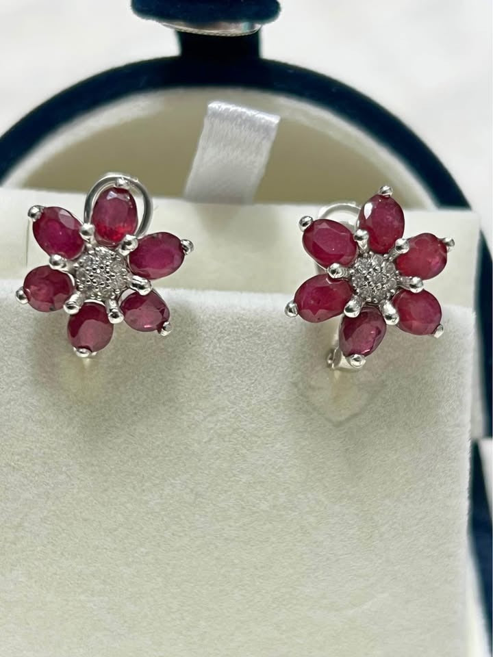 Pair of stunning natural ruby and white sapphire flower earrings, perfectly symmetrical.