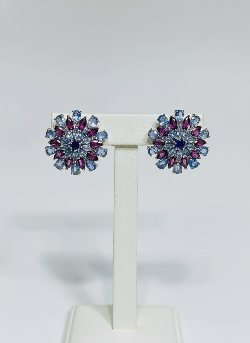 Handmade Tanzanite & Rhodolite Sunburst Earrings in 14K Gold